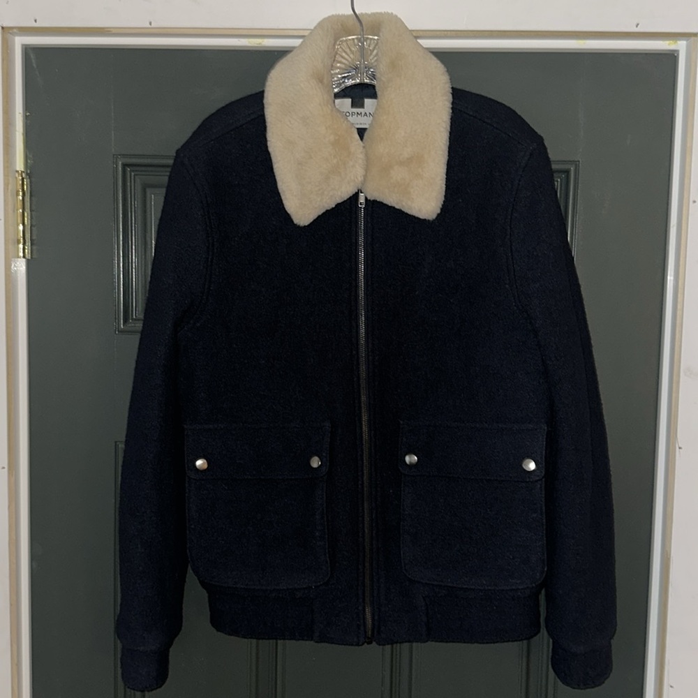 TOPMAN - Dark Navy Jacket with Cream Furry Collar